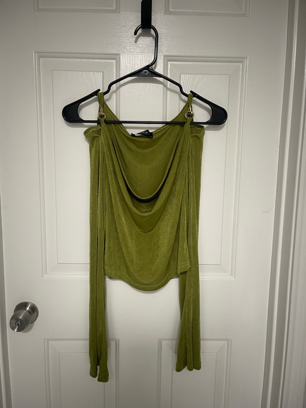 Cider Olive Green Draped Cowl Neck Off Shoulder Long Sleeve with Gold Hardware